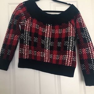 plaid off the shoulder sweater.
